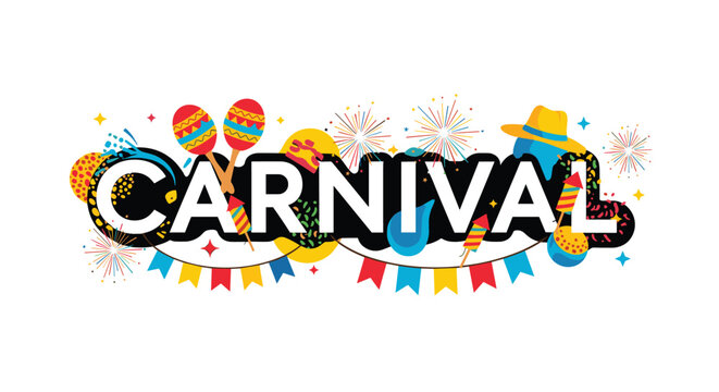Large carnival text logo surrounded by festive elements like maracas, fireworks, hats, and colorful decorative bunting for party flyers.