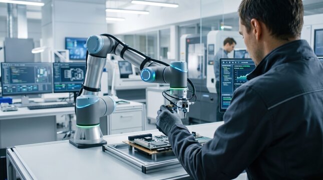 Engineer programming collaborative robot arm for electronic circuit board assembly in high tech laboratory, precision manufacturing and robotics engineering concept