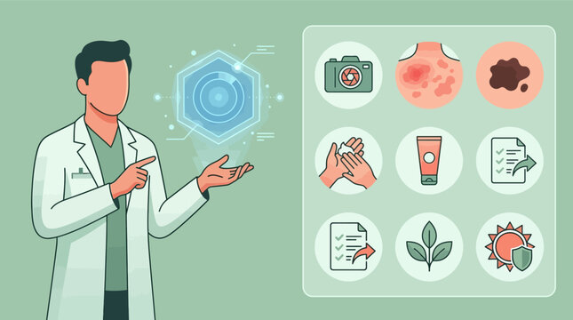 Flat vector illustration of a male dermatologist in a lab coat pointing at a digital hologram interface with icons for skin cancer, rash, sun protection, topical cream, and clinical charts.