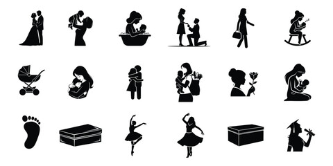 Obraz premium Collection of silhouette icons depicting motherhood love and life milestones