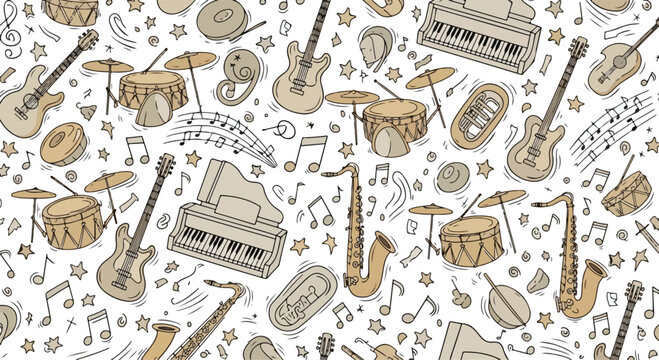 Seamless pattern of musical instruments and notes in vintage sepia tone on white background