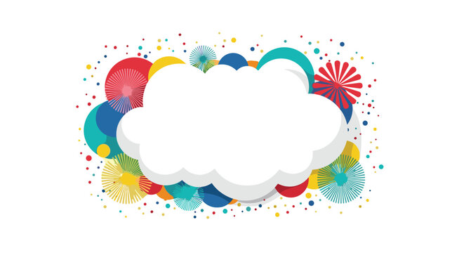 White cloud frame surrounded by colorful confetti and bursting fireworks provides a festive border for holiday designs.