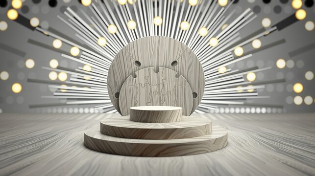 Wooden podium stands center stage. Bright lights radiate outward, creating dramatic presentation backdrop. Minimalist design, modern aesthetic.