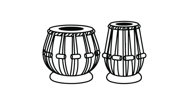 Two traditional Indian drums on stands, black and white illustration