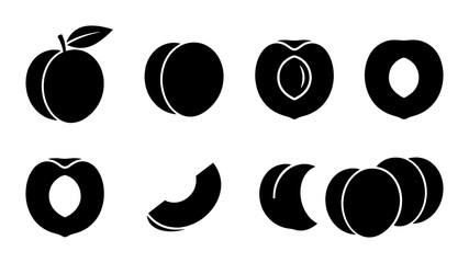 Black Peach Icons: Whole, Halved, Sliced, and Grouped Vector Graphics for Food and Fruit Designs © Khalid