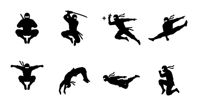 Ninja Silhouette Icons, Martial Arts Action Poses, Stealth Warrior Vector Set, Dynamic Combat Movements
