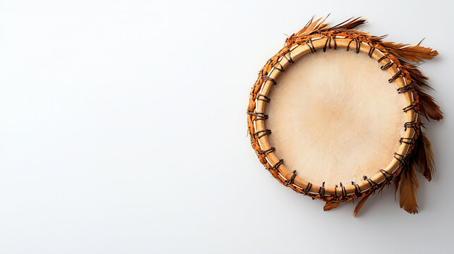 Traditional drum with feathers, showcasing intricate craftsmanship and natural materials, evokes sense of cultural heritage and artistry