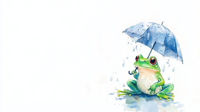 Cute frog sitting under blue umbrella, enjoying rain with cheerful expression. vibrant colors and playful scene evoke sense of joy and whimsy