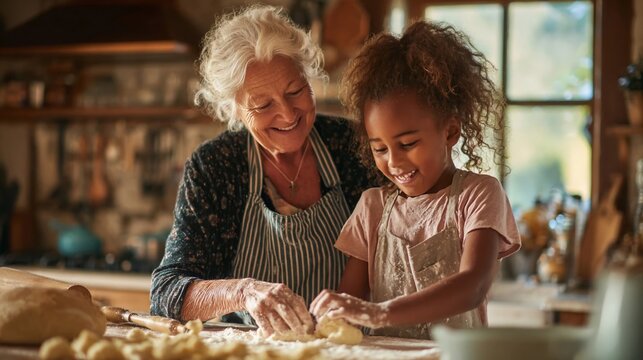 An elderly grandmother and a young granddaughter kneading dough together in a rustic home kitchen
