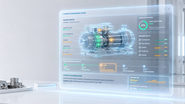AI predictive maintenance system with holographic machine schematic showing component health and diagnostic alerts
