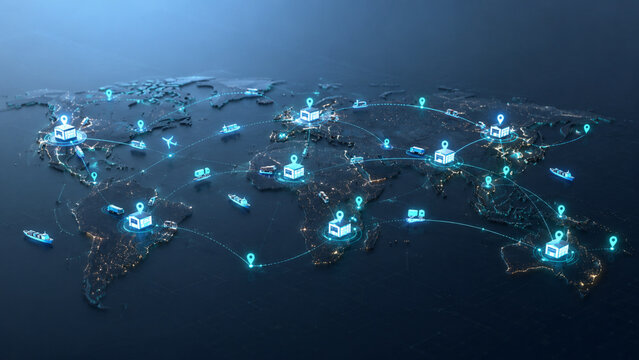 AI supply chain optimization with glowing holographic logistics network map showing connected warehouses and routes