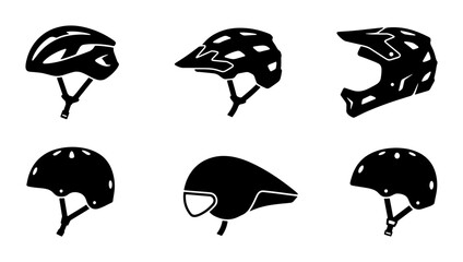 Obraz premium Six Bicycle Helmets, Cycling Safety Gear Icons, Mountain Bike Protection Vector Set