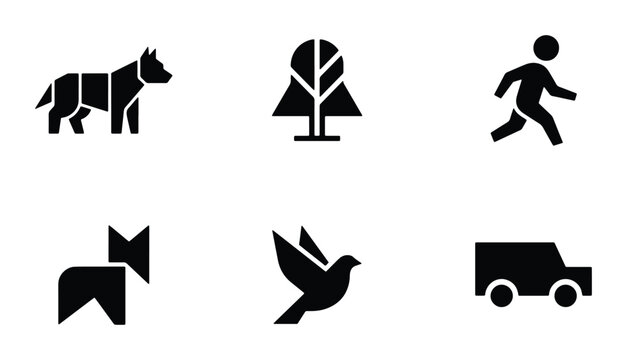 Modern Geometric Icons: Dog, Tree, Runner, Bird, Car, Abstract Shape Set