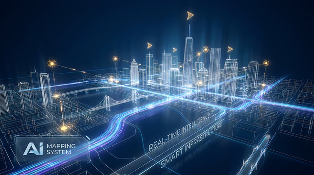 Digital city smart mapping system with ai technology and data network connectivity in a glowing blue futuristic environment