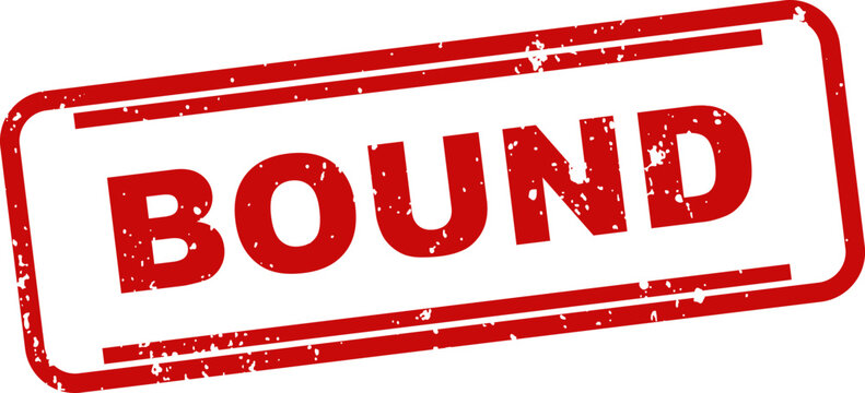 Distressed red rubber stamp with the word 'bound' and star border isolated on white
