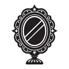 Obraz premium Black and white illustration of an ornate mirror with a decorative frame and a stand isolated on transparent background