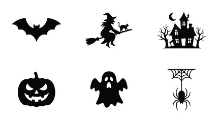 Obraz premium Halloween Icons Set: Witch, Bat, Ghost, Pumpkin, Haunted House, Spiderweb Vector Graphics