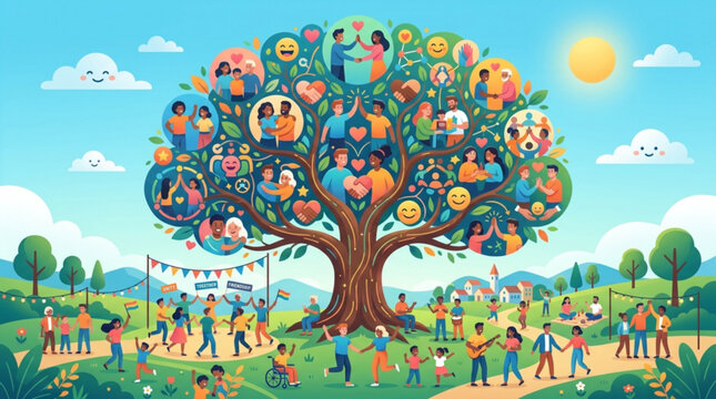 People gather under a tree of unity and friendship in a sunny park