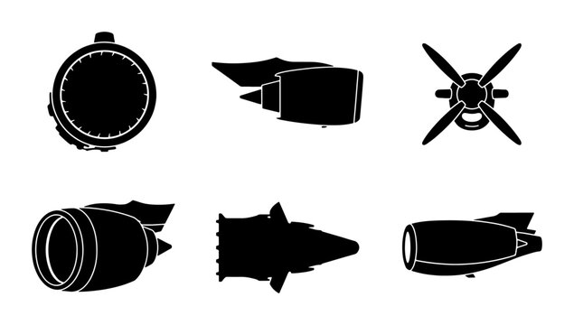 Jet Engine Icons, Aircraft Turbine Silhouettes, Aviation Propulsion Vector Set