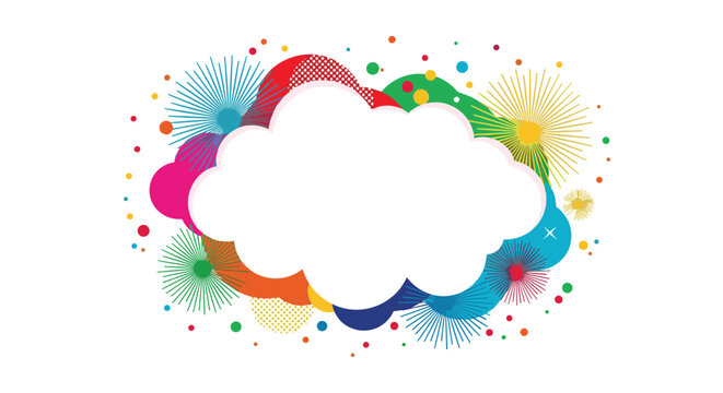 Decorative frame in the shape of a cloud is surrounded by vibrant multi-colored fireworks and festive confetti bits.