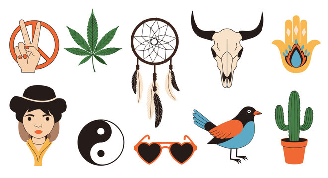 Set of bohemian and hippie lifestyle symbols includes a peace sign, dreamcatcher, hamsa hand, and cactus in a pot.