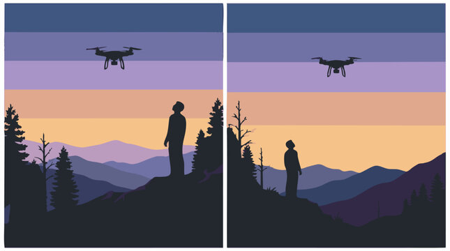 Silhouette of man looking at drone flying over serene mountain landscape at sunset