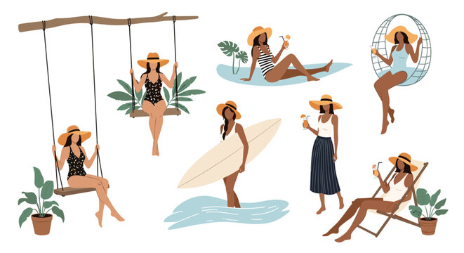 Women in stylish summer clothes are illustrated enjoying beach activities like surfing, swinging, and sunbathing.