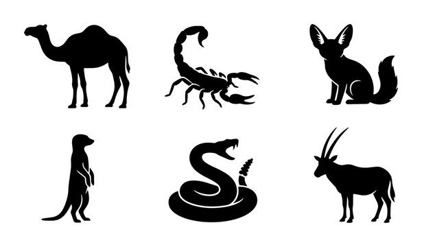 Desert Wildlife Silhouettes: Camel, Scorpion, Fennec Fox, Meerkat, Snake, Oryx Icons
