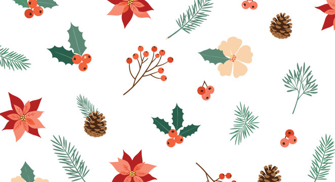 Seamless christmas pattern featuring poinsettia flowers, pine cones, holly berries, and evergreen branches on a clean white background.