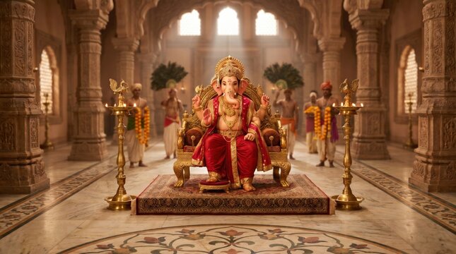 Ganesh statue in ornate temple with attendants