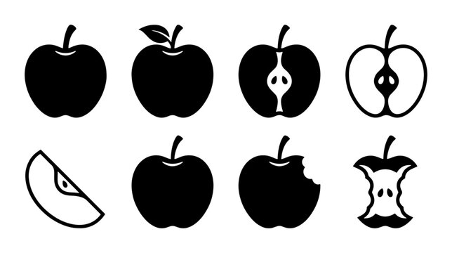 Apple Icons Set: Whole, Sliced, Bitten, Core, Vector Graphics for Food and Health
