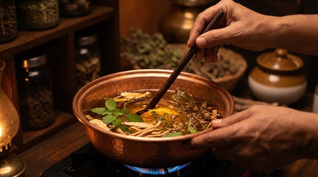 Herbal Decoction Preparation in Copper Pot