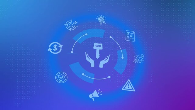 Core business solution background showing hands holding key icon with corporate growth strategy elements.