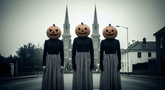 Three people with carved pumpkin heads standing in a spooky village street