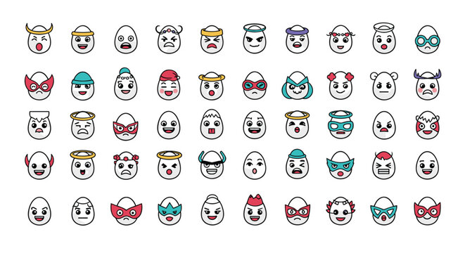 Large collection of diverse egg character icons with various facial expressions, costumes, hats, and superhero masks for easter fun.