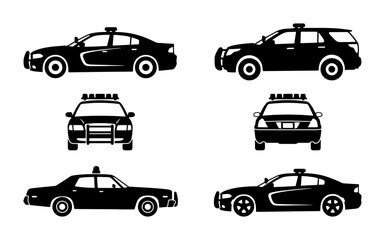 Police Car Icons, Law Enforcement Vehicle Vector Set, Black Silhouette Patrol Cars © Mouri
