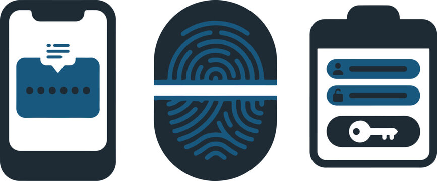 Biometric authentication icons, login security symbols, fingerprint, password, access control vector graphics