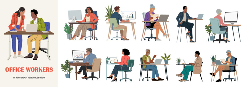 Diverse office workers using laptops and computers at desks. Modern business professionals in workplace settings, including front and rear view characters, remote and office work concepts