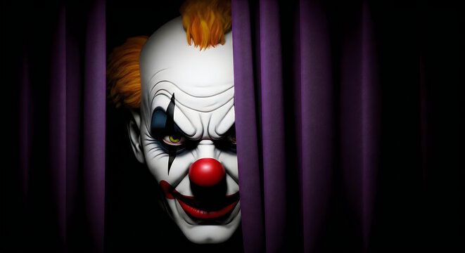 Creepy clown peeking through purple curtains creating a frightening halloween scene