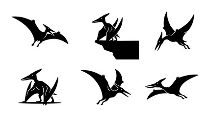 Pterodactyl Silhouettes, Flying Dinosaur Vector Icons, Prehistoric Reptile Graphics Set © Nur