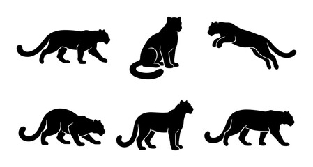 Black Panther Silhouettes, Big Cat Poses Vector Set, Wild Animal Icons, Elegant Feline Graphics © Nur