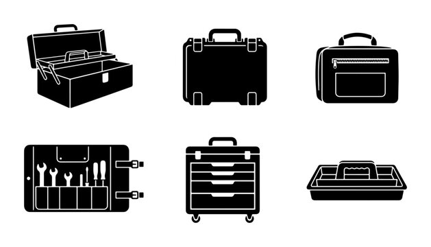 Toolbox Icons Set, Storage Cases Vector Graphics, Workshop Equipment Silhouettes, Professional Gear