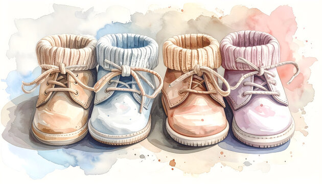 Baby booties displaying fine stitching and tiny leather designs watercolor illustration showcasing an adorable variety of soft pastel newborn footwear generative AI