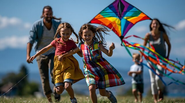 Gl&uuml;ckliche Familie l&auml;sst gemeinsam einen bunten Drachen auf einer Sommerwiese steigen