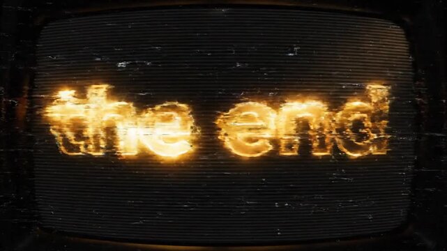 Glowing 'the end' text with retro CRT television screen glitch effect, signifying finality and conclusion.