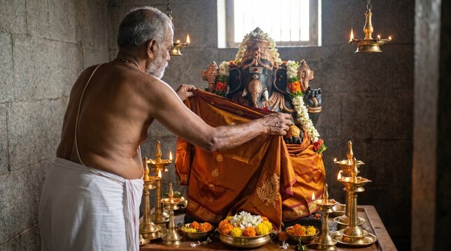 Priest Draping Ganesha Idol with Cloth in Temple