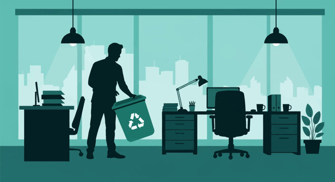 Silhouette of a man holding a green recycling bin with a symbol in a modern corporate office interior featuring desks, chairs, computer monitors and a city skyline background.