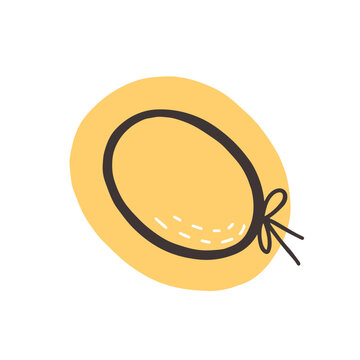 Straw hat with ribbon bow, top view. Summer beach headwear. Elegant women head wearing, sunhat accessory with brim. Fashion headdress. Flat vector illustration isolated on white background