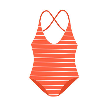 One-piece swimsuit. Modern women swimwear with striped pattern, print, cross-back straps. Female beach wear, clothing. Summer bathing suit. Flat vector illustration isolated on white background