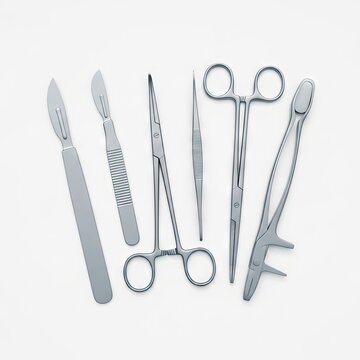Set of various surgical instruments including scalpels, forceps, and scissors on a white background.